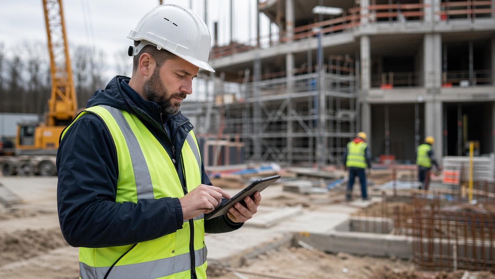 A construction supervisor reviewing documents on site